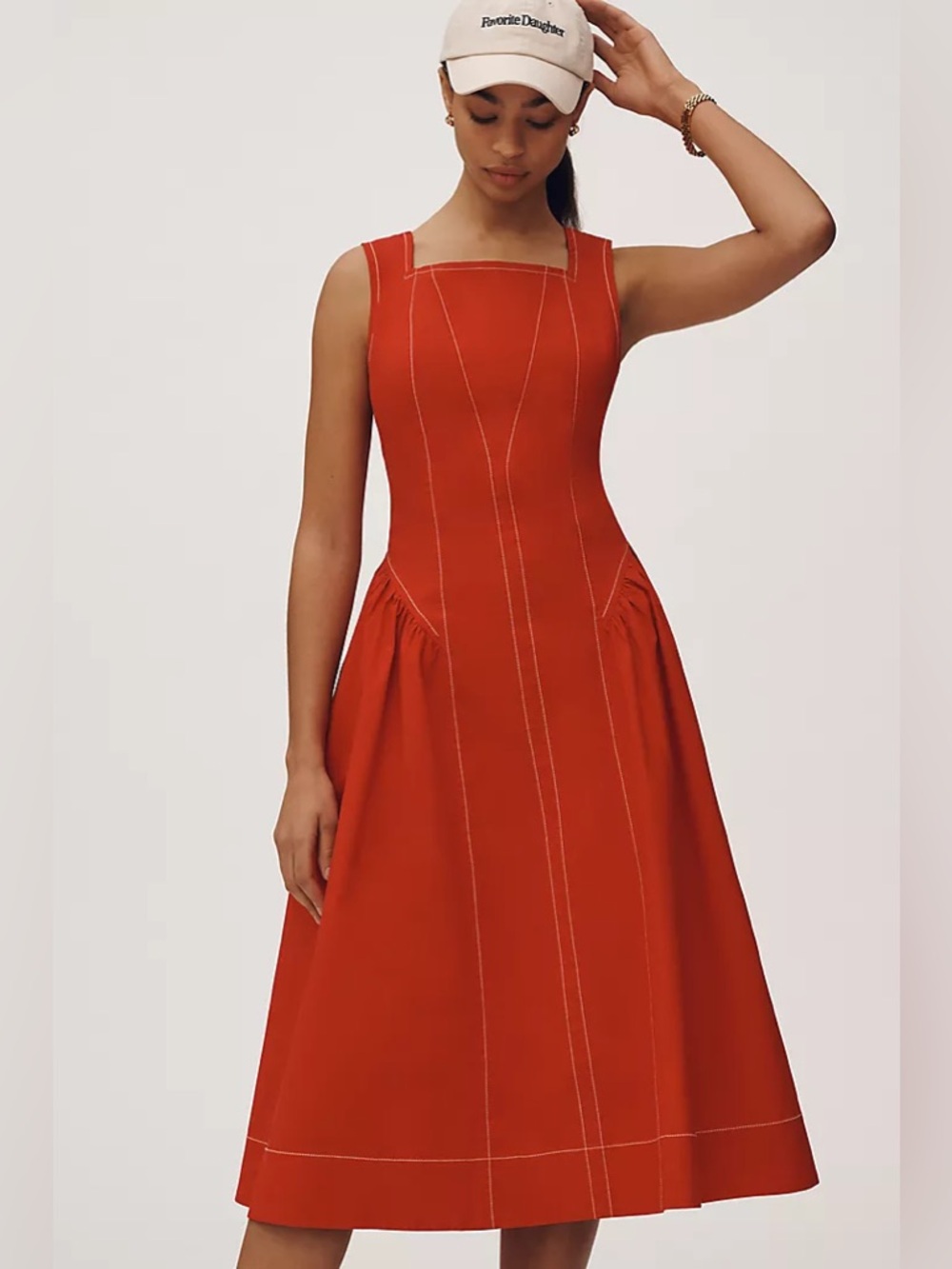 NEW Anthropologie Red Structured Midi Dress Contrast Stitch Pockets Square Neck - Picture 2 of 10